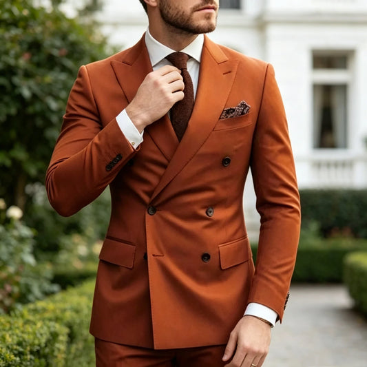 Handsome 2PCS Brown Wedding Suit for Men Double Breasted Blazer Formal Groom Business Suits Set Classic Jacket Pants for Party