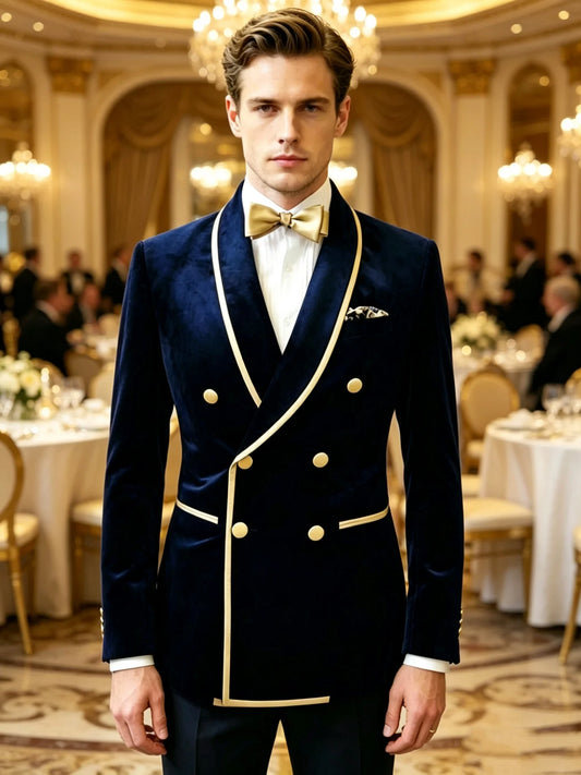 Fashion Navy Blue Velvet Men's Suit 2 Piece Slim Fit Wedding Prom Party Tuxedo Elegant Formal Events Dress Set(Blazer+Pant)