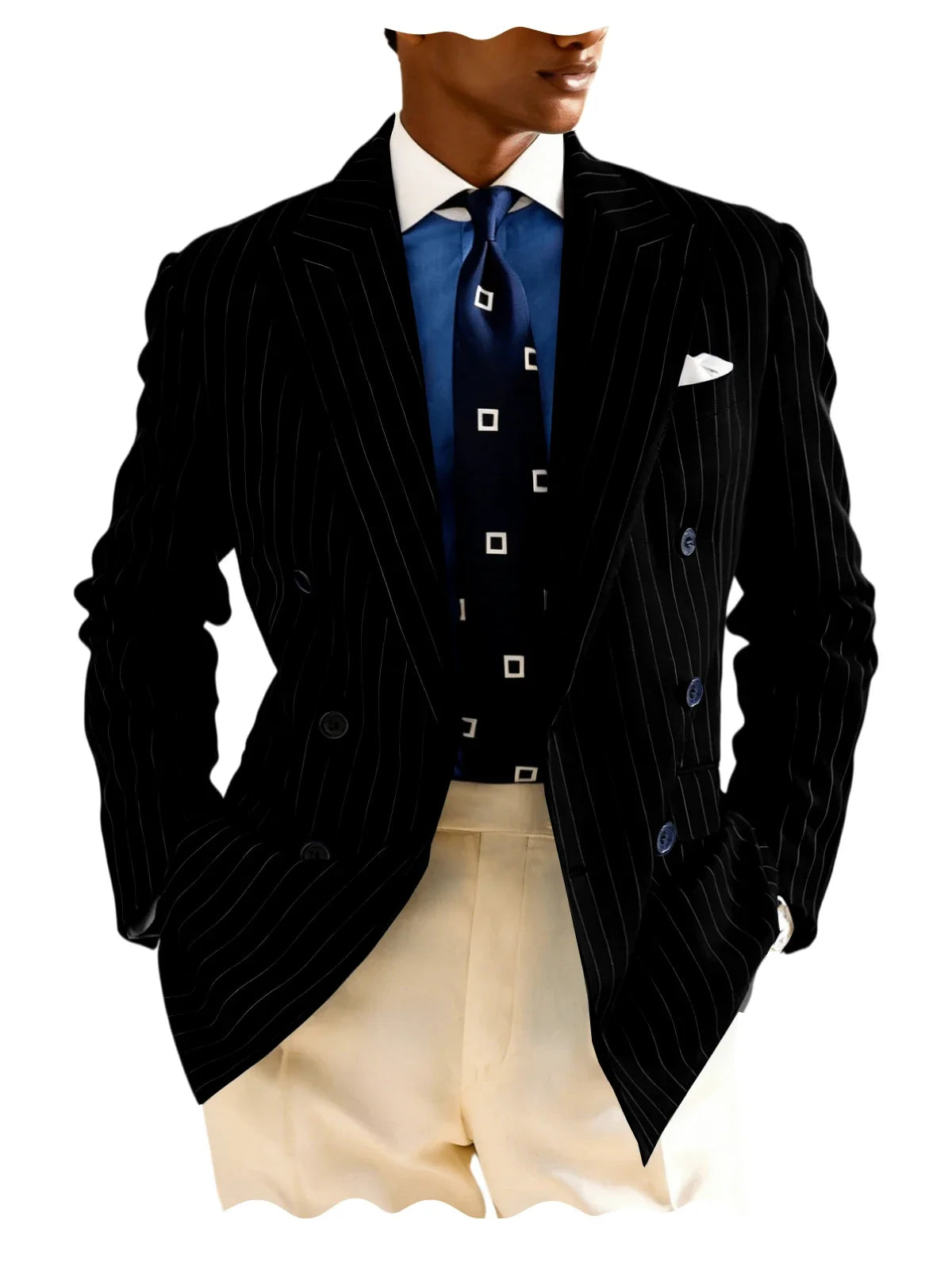 Navy Blue Striped Pattern Business Suit Jacket Double Breasted Slim Fit Blazer Casual Formal Attire Office Groom's Wedding Dress