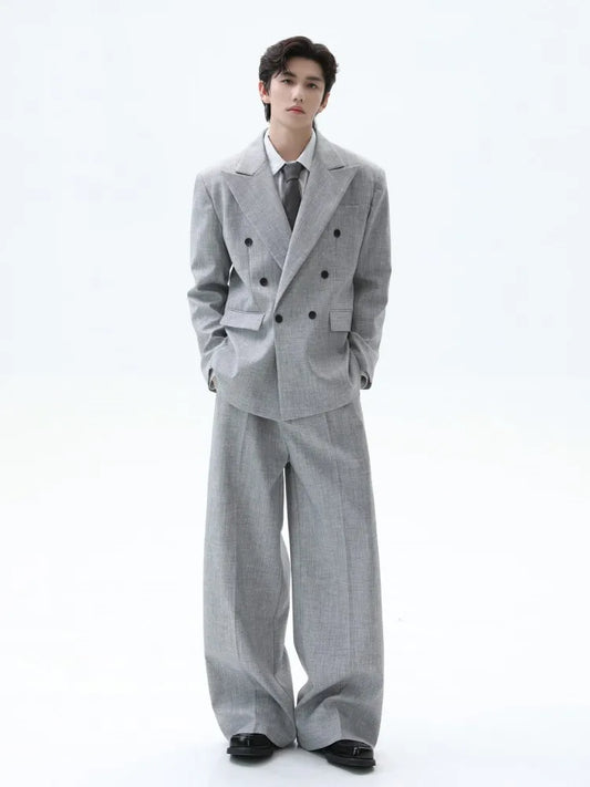 Fashion Business Men Casual Work Solid Color Two Piece Set Double Breasted Blazer Jacket Pants Male Loose Fit Suit Matching Sets