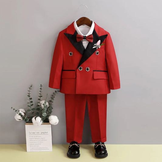 Boys Formal Red Suit Set Spring Children's Birthday Wedding Piano Performance Costume Kids Blazer Pants Bowtie Outfit