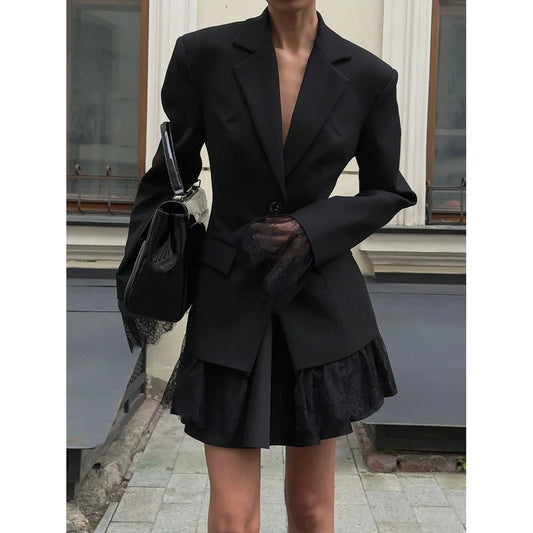 Elegant Black Lace Splice Long Sleeve Women's Commute Style Fashion Design Polyester Fabric Business Casual Coat