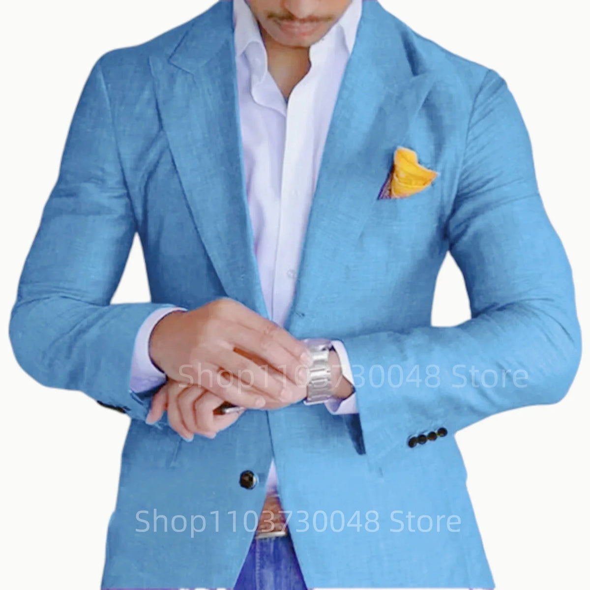 Men's Blue/Beige Linen Dress Blazer Peak Lapel Thin Suit Jacket Casual Party Prom Summer Wedding Coat Top for Daily Wear