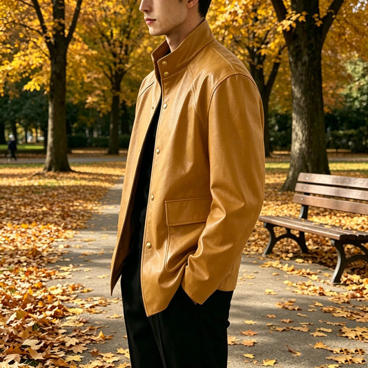 Vintage Men's Stand Collar PU Leather Blazer Single Breasted Gold Buttons Loose Fit Casual Faux Leather Jacket Coat Autumn