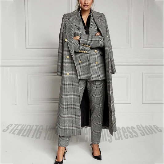 Women's 3 Pieces Suit Double Breasted Notch Lapel Business Formal Party Wedding Guest Luxury Outfit Set(Long Coat+Jacket+Pants)
