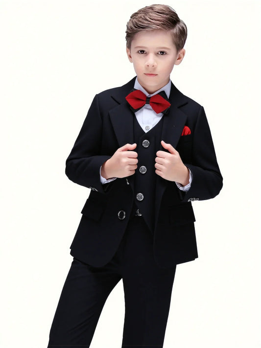 Kids Pure Black Formal Suit Set Boys Slim Fit Wedding Birthday Party Performance Costume Children's Blazer Vest Pants Bowtie