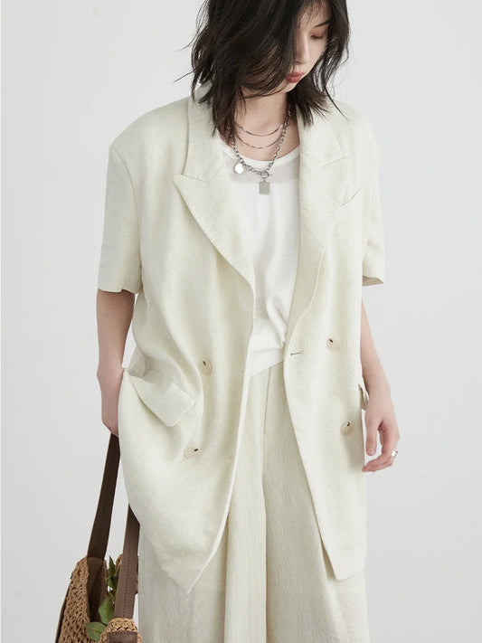 Women Blazer Loose New Double Breasted Short Sleeved Female Jacket Wide Leg Pants Summer Short Sets 2024
