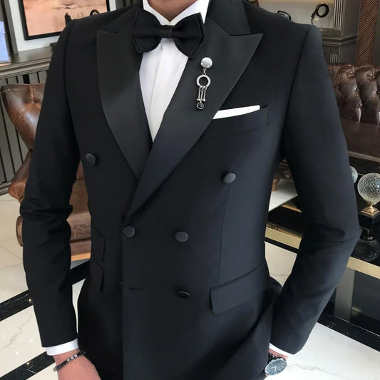 Men Suit 2 Piece Black With Bright Lapel Double Button For Wedding Banquet Birthday Party Business Daily Set Jacket And Pants