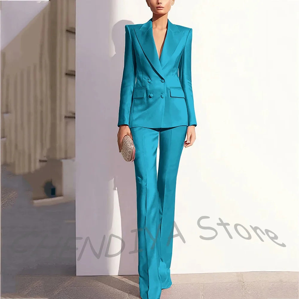 Luxury Satin Women Pants Suit Tailored Business Attire Dusty Rose 2 Piece Peak Lapel Straight Formal Outfit Daily Office Set