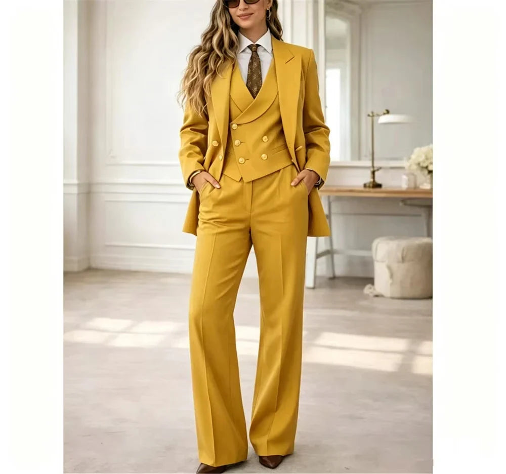 Classic Womens 3 Piece Suit Tailored Pantsuit Costume Femme Chic Elegant Wedding Guest Power Suit Mariage Jacket+Vest+Pant