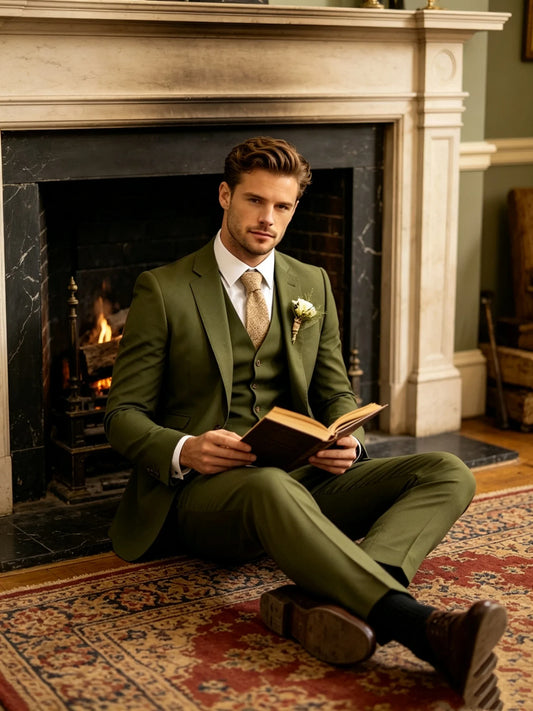 New Green 3 Piece Men's Slim Fit Tuxedo Suits Groom Wedding Prom Party Formal Dress Suit with Blazer Pants And Vest Men Clothes