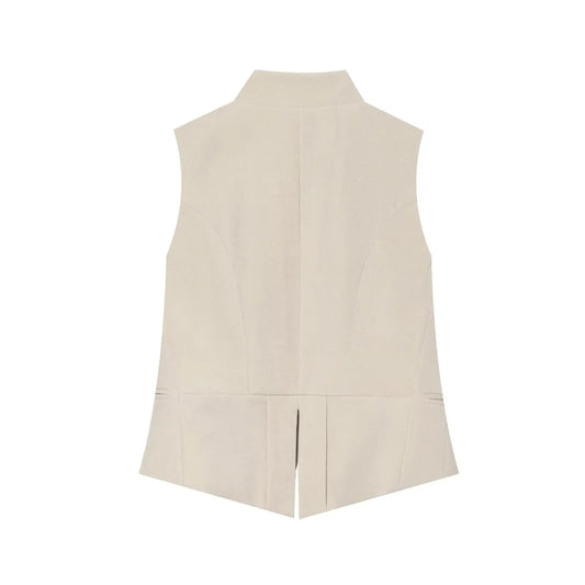 2026 Elegant Office Women Sleeveless Waistcoat Lapel Double Breasted Metal Gold Button Flap Pockets Slim Business Suit Vest