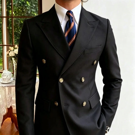 Black Men's Casual Blazer Wedding Suit Jacket Peak Lapel Double Breasted Tops Slim Fit Business Formal Dress Coat Outerwear