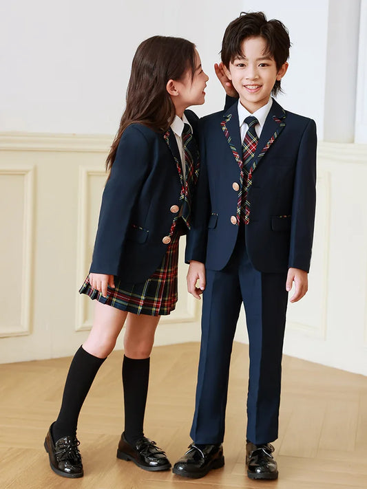High Quality Kids British School Uniform Set - Girls Korean Jacket & Plaid Skirts Boys Blazer & Pants - Student Clothes Suits