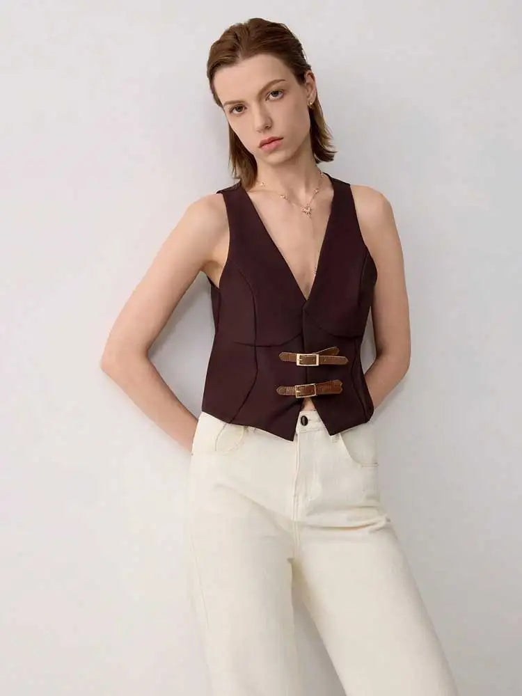 Women's V Neck Solid Color Vest Top with Belted,Sleeveless Waistcoat for Summer