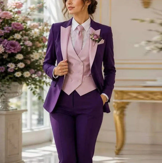 Purple And Pink Formal Business Women Suit Wedding Party Prom Ladies Mother Girl Tuxedos Costume 3 Piece Set Blazer Vest Pants