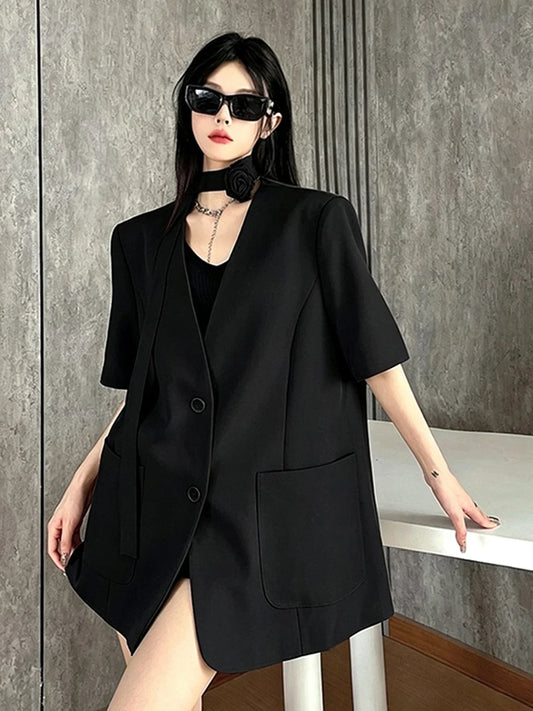 Black Sleeveless Short- Sleeve Suit Jacket Women's Summer Rose Sash Design Loose Personality Western Style Fashionable Coat