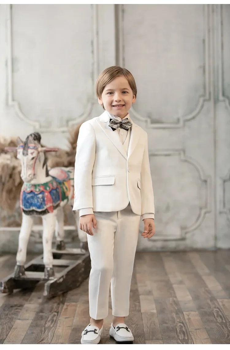 Children White Baptism 3Pieces/Set Jacket Vest Pants Ceremony Photograph Suit Boys Party Dress Kids Piano Performance Costume