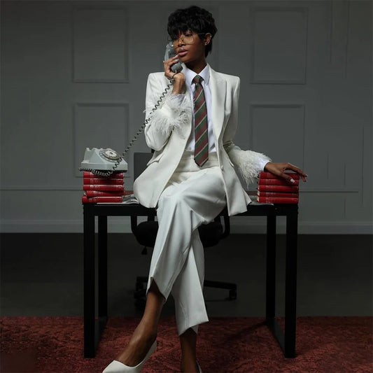 Elegant White Women's Suits Fashion Single Breasted Feathers Slim Fit 2 Piece Jacket Pants Sets Formal Office Lady Blazer