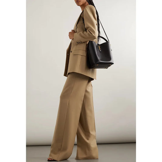 Beautiful khaki Double Breasted Women Two Pieces Blazer And Pants Fashion Slim Pants Suits Custom Made Clothing