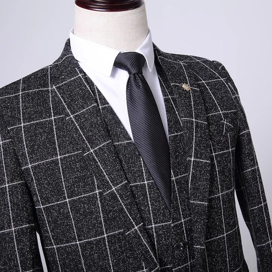 Men's Three-Piece Suit Set – Slim Fit Checkered for Wedding & Business Casual