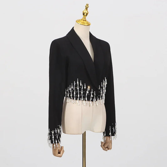 Spring Autumn New Women Short Blazer Elegant Luxury Studded Diamoonds Turn-down Collar Long Sleeves High-end Jacket HK18156