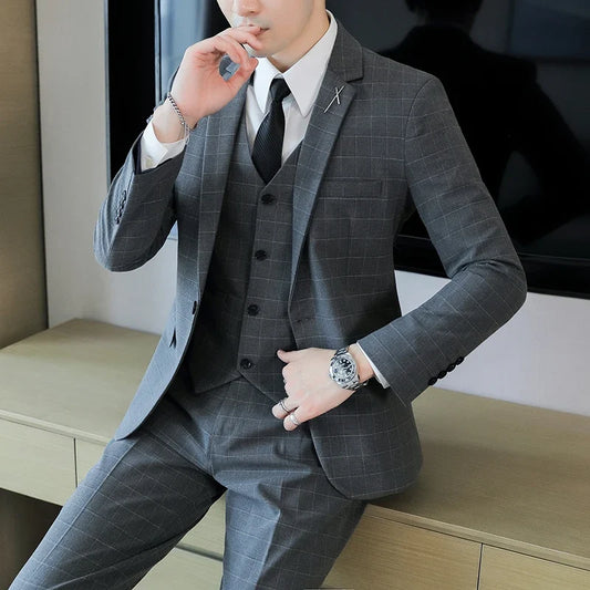 Men's Slim Fit Three-Piece Suit Set – Single Breasted Business & Wedding Outfit in Black, Grey