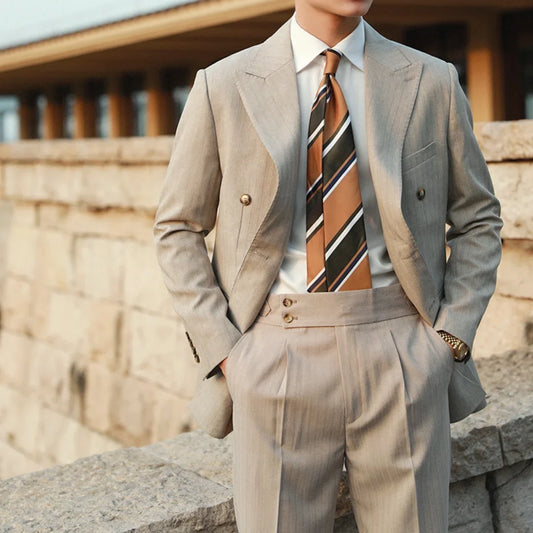Suit Men 2023 Khaki Light Grey Double Breasted 2 Pcs( Blazer+pants) Leisure Wedding Groomsmen Business Slim Fit Trajes De Hombre