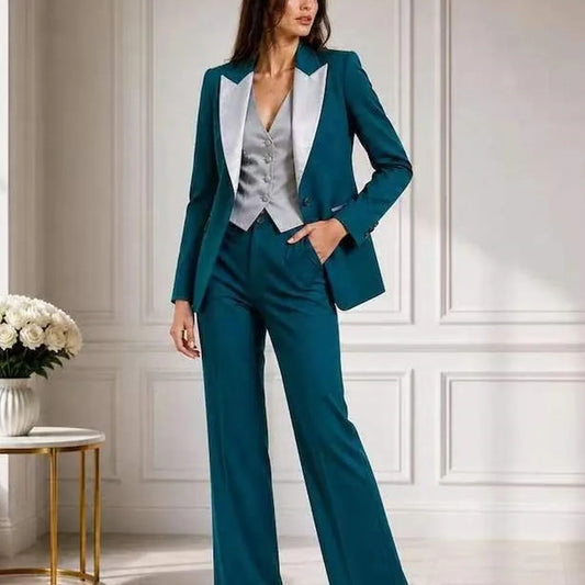 Grey And Blue Formal Business Women Suit Wedding Party Prom Mother Girl Tuxedos Costume 3 Piece Set Blazer Vest Pants