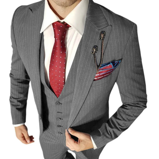 Men's Business Suit Gentleman 3-piece Set Pinstripe Office Meeting Customization Small Large Increase