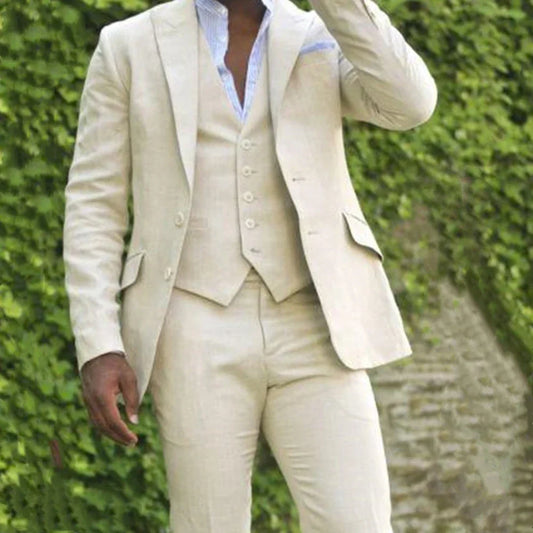 Summer Linen Beige Elegant Suits For Men Casual Slim Fit Blazers Hombre Made High Quality Custom 3 Piece Set Costume Homme