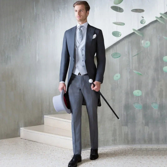 Men Suit 3 Pieces Navy Blue With Lapel Striped Business Casual For Wedding Banquet Work Tuxedos Jacket Vest With Pants