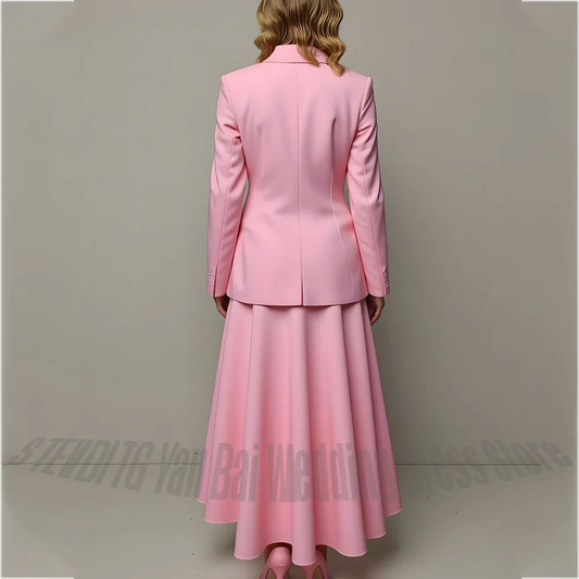 Pink Women's 2 Piece Suit Set Single Button Jacket with Flared Maxi Skirt Pleat Formal Business Office Party Lady Fashion Outfit