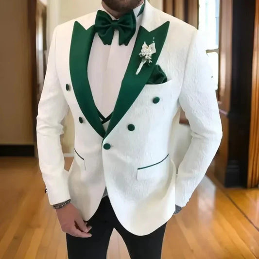 Jacquard Double Breasted Men Suits for Wedding Formal Groom Tuxedo Custom Made Fashion Suit Jacket with Vest Black Pant 3 Pieces