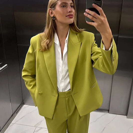 Chic Women Cropped Blazer 2Pic Suit Set Single Breasted Lime Green Jacket Pants Formal Office Business Wedding Guest Party Wear