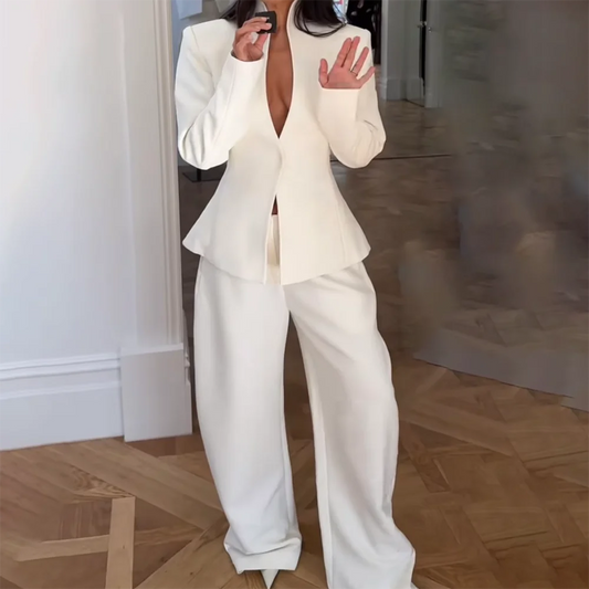 Women Dark Olive Hidden Button Suit Stand Collar Deep V Blazer Pants Full Set Formal Business Wedding Guest Two Piece Outfit