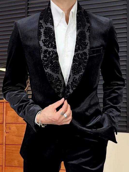 Male Jacquard Shawl Collar Wedding Banquet Blazers Outfits Business Host Single Button Black Groomsman Suits Set Long Pant 2pcs