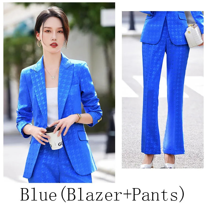 Fashion Ladies Formal Pant Suit Women Houndstooth Single Button Jacket And Trouser Female Business Work Wear 2 Piece Blazer Set