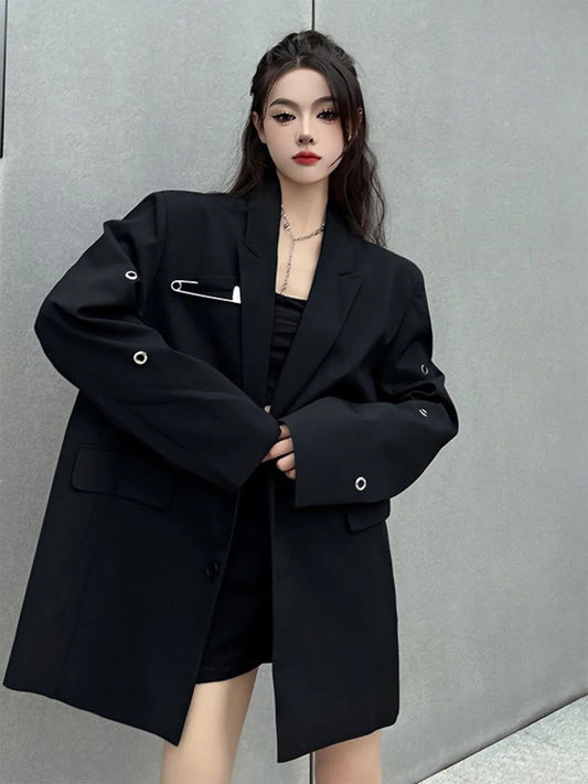 Women Black Gothic Loose Blazer Y2k 2000s Vintage Casual Fashion Korean Style Oversize Suit Jacket for Women Spring Autumn 2026