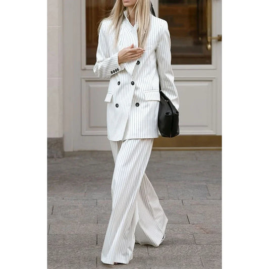 New Striped Women's 2 Piece Suit Set Formal Office Pantsuit Peaked Lapel Straight Blazer+Trousers Business Casual Daily Workwear