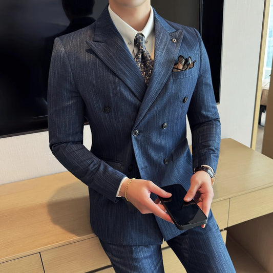Men's 3-Piece Suit Slim Fit Double Breasted Striped for Weddings, Parties & Office