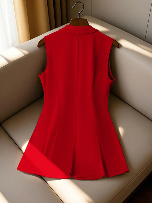Women's Longline Blazer Vest Sleeveless Notched Lapel Suit Waistcoat with Gold Buttons for Business Office Outerwear Top