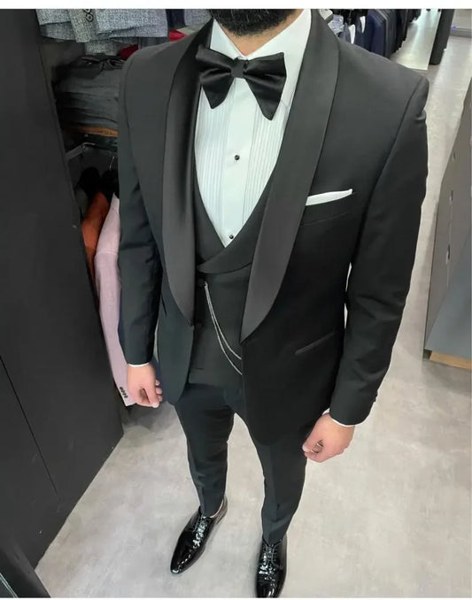 Costume Homme Black Shawl Lapel 1 Button Slim Fit Men Suit 3 Pcs Groom Prom Wedding Blazer (Jacket+Pants+Vest) Terno Masculino