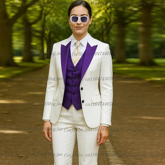 Purple And White Formal Business Women Suit Wedding Party Prom Ladies Mother Girl Tuxedos Costume 3 Piece Set Blazer Vest Pants