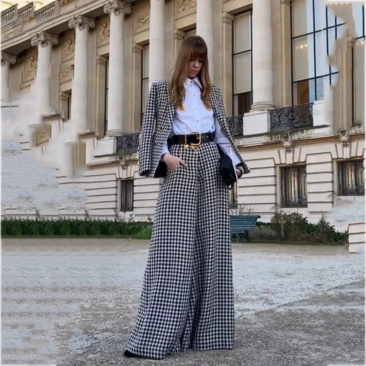 Women Black White Plaid Two Piece Suit Lapel Blazer Wide Leg Pants Loose Casual Elegant Office Business Formal Matching Outfit