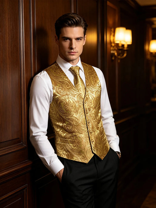 Men's Golden Floral Paisley V-Neck Vest Set – Tie, Pocket Square, Cufflinks & Ring for Weddings & Celebrations