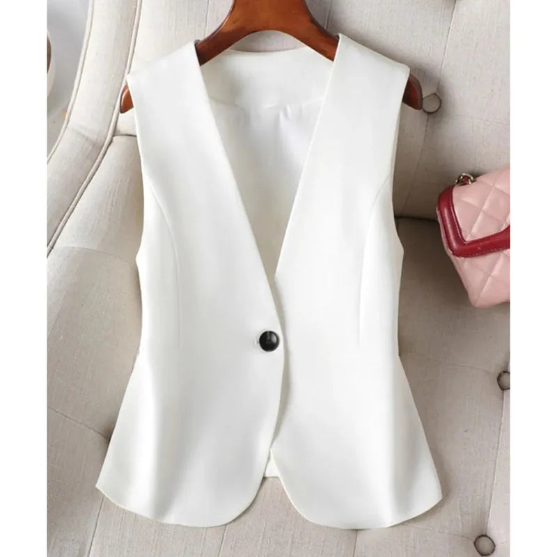 Korean Women Short Blazer Sleeveless Outwear Spring Autumn Female Suit Vest Jacket Ladies V-neck Lined Waistcoat Coat 