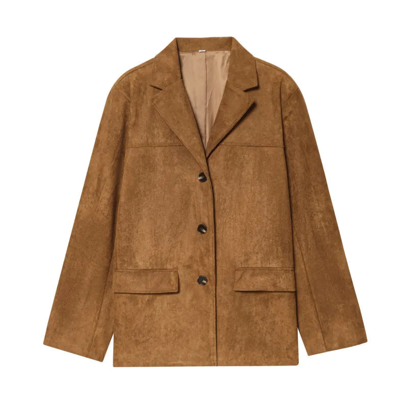 Spring Autumn New Women's Blazer Notched Collar Single Breasted Faux Suede American Retro Office Lady Elegant Coats HK15865