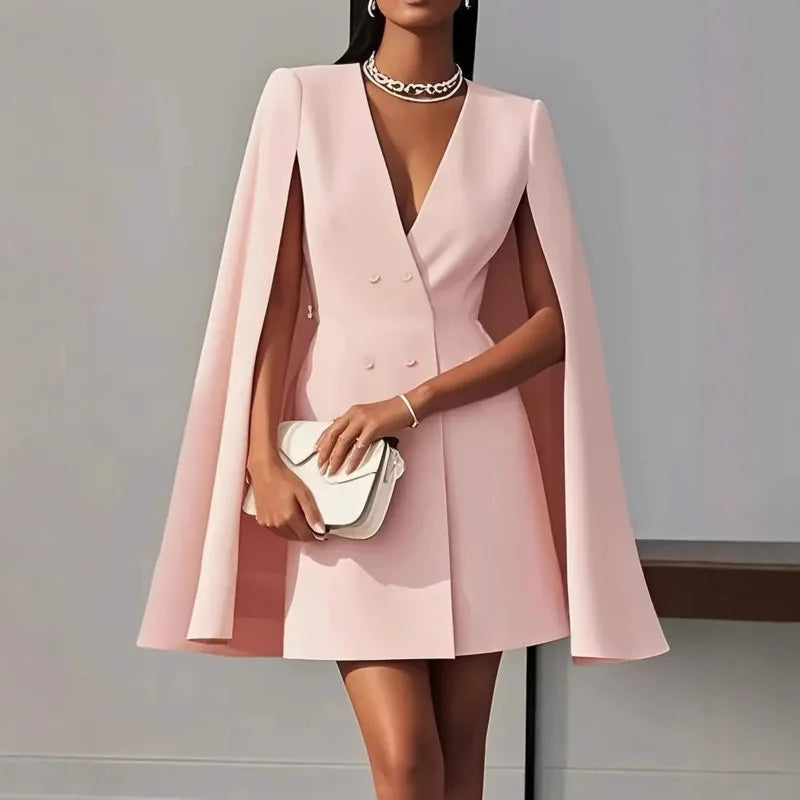 Women Chic Blazer V-neck Double Breasted Shawl Cape Solid Color Slim Fit Suit-Dress Elegant Fashion Coat New Spring HK19886