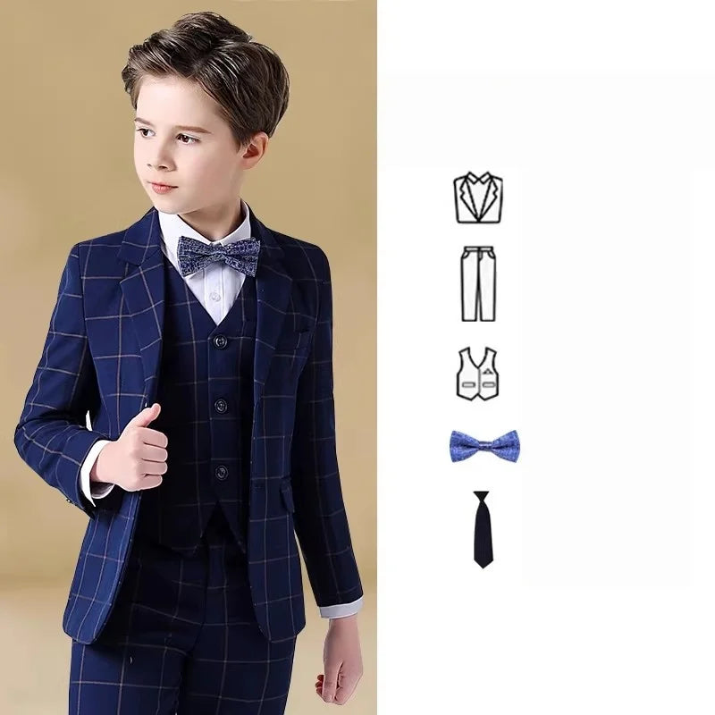 Boys Jacket Vest Pants Bowtie Tie 5Piece Wedding Birthday Party Photography Suit Set Kids Piano Ceremony Performance Costume